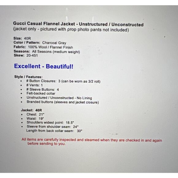 Gucci 40R Gray Flannel Unstructured Unlined Flannel Blazer Jacket 3/2 Roll - Picture 2 of 13